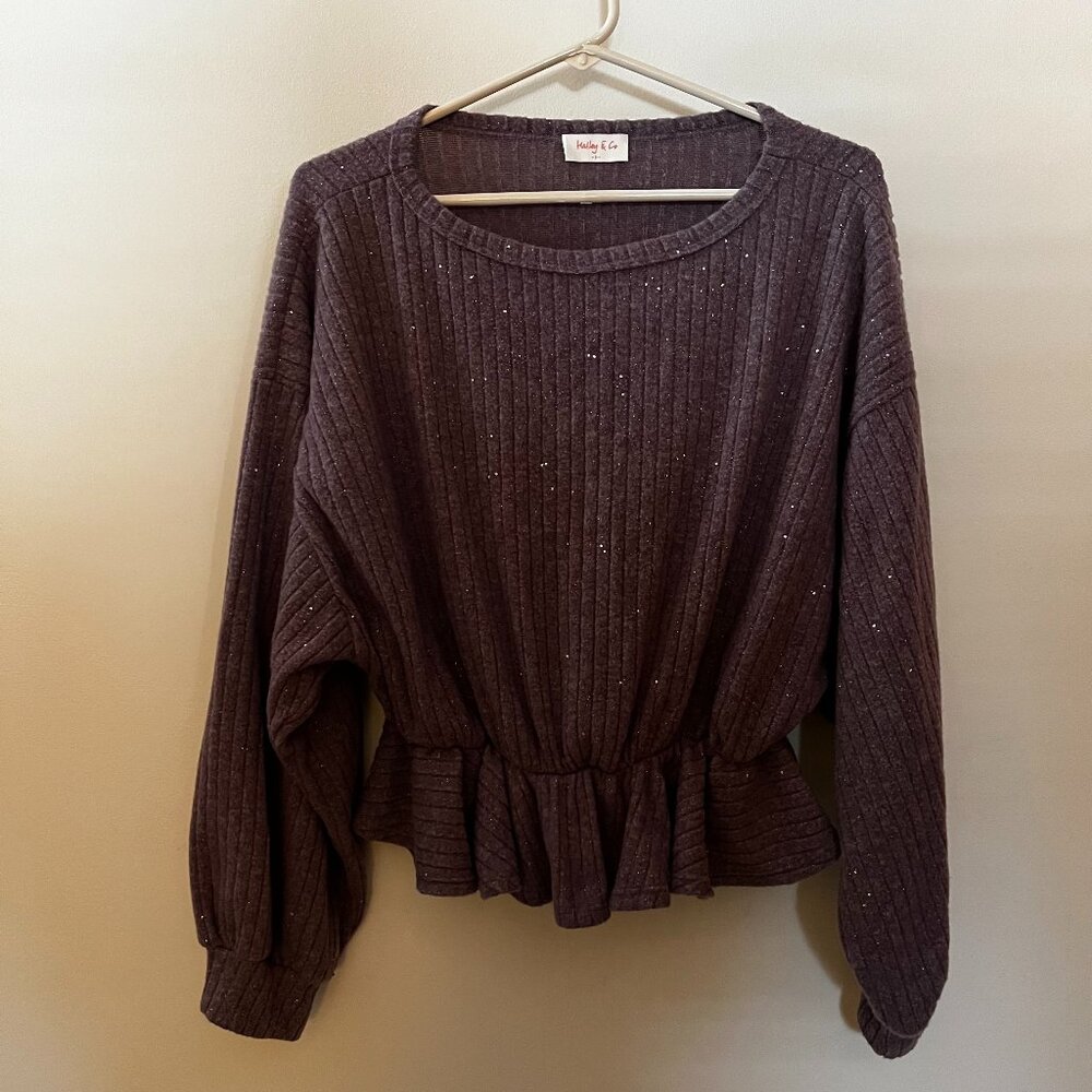 Hailey & Co Elastic Peplum Drop Waist Bubble Sleeve Sweater, Plum/Silver/ Size L